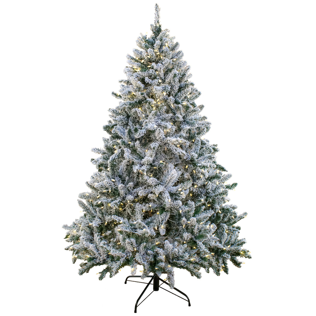 Artificial Snowy Hudson Hinged Christmas Tree, Pre-Lit with PowerConnect Warm White LED Lights, Plug In, 7.5 ft