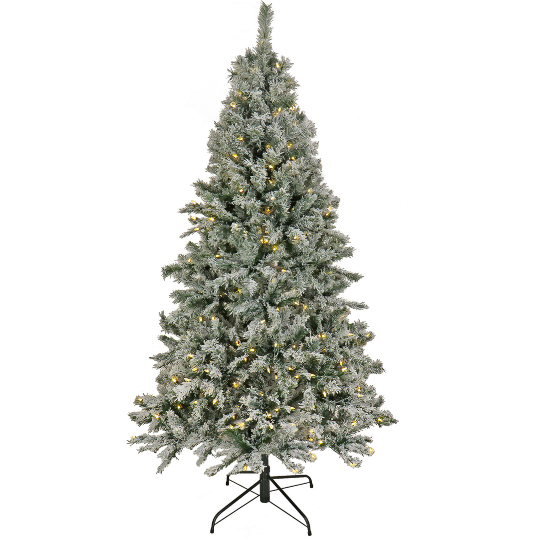 Artificial Snowy Harwich Hinged Christmas Tree, Pre-Lit with PowerConnect Dual Colored LED Lights, Plug In, 7.5 ft