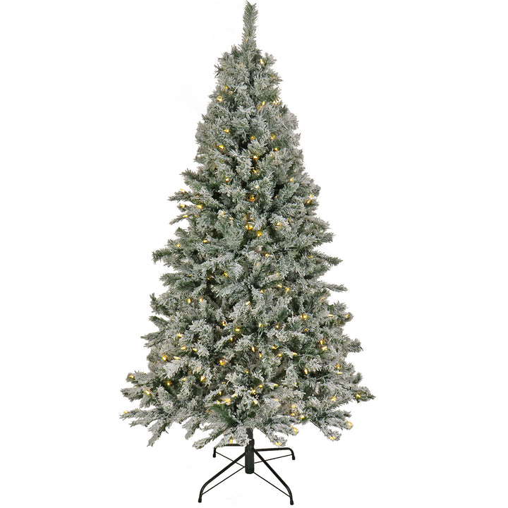 Artificial Snowy Harwich Hinged Christmas Tree, Pre-Lit with PowerConnect Warm White LED Lights, Plug In, 7.5 ft