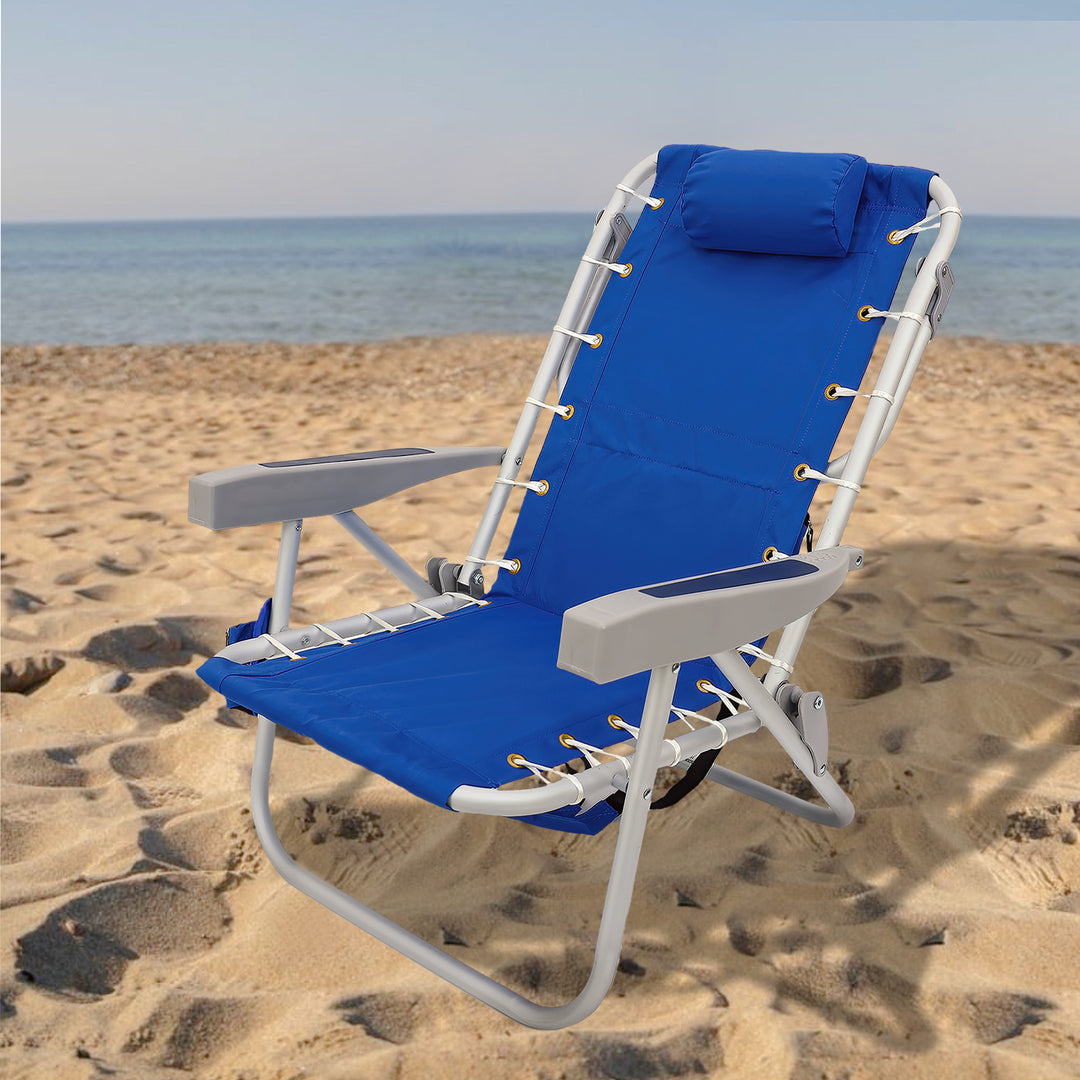 Blue Horizontal Stripe Beach Chair with Pillow and side Pouch