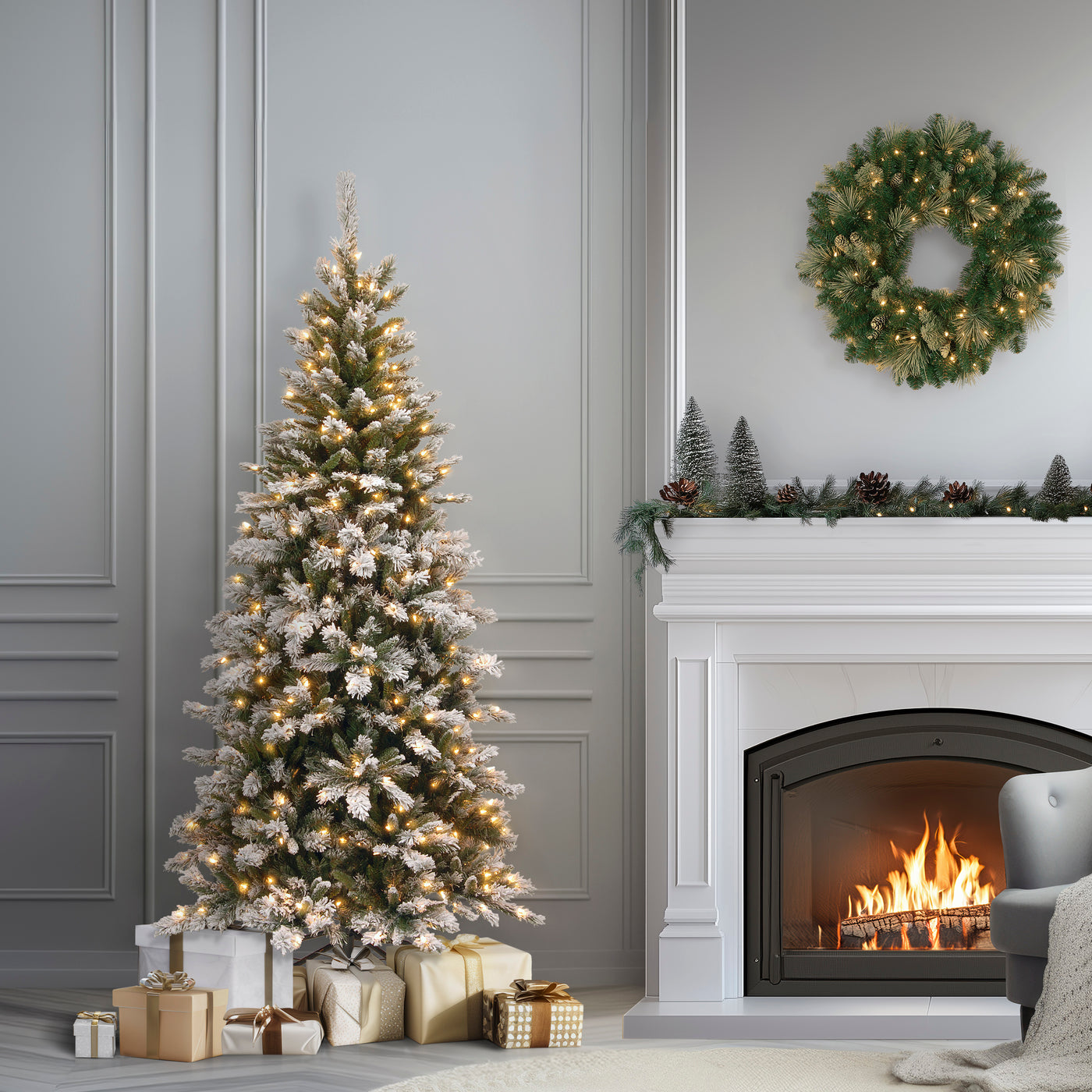 7.5 ft. Pre-Lit Snowy Mountain Pine Slim Tree with Clear Lights - National Tree Company