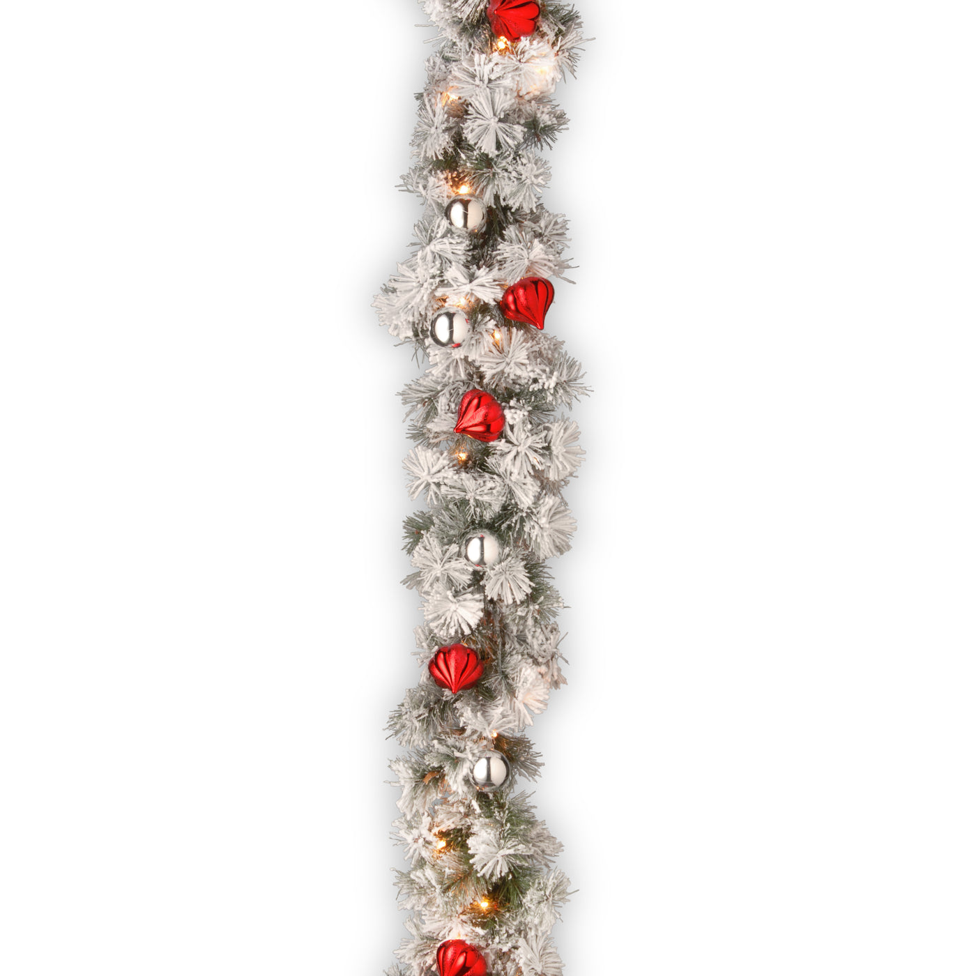 9 ft. Pre-Lit Snowy Bristle Pine Garland with Clear Lights and Ornaments - National Tree Company