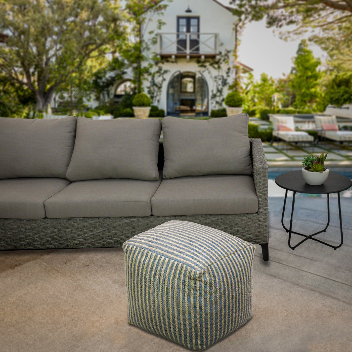 16" Hand Woven Pouf Ottoman, Icy Blue - National Tree Company