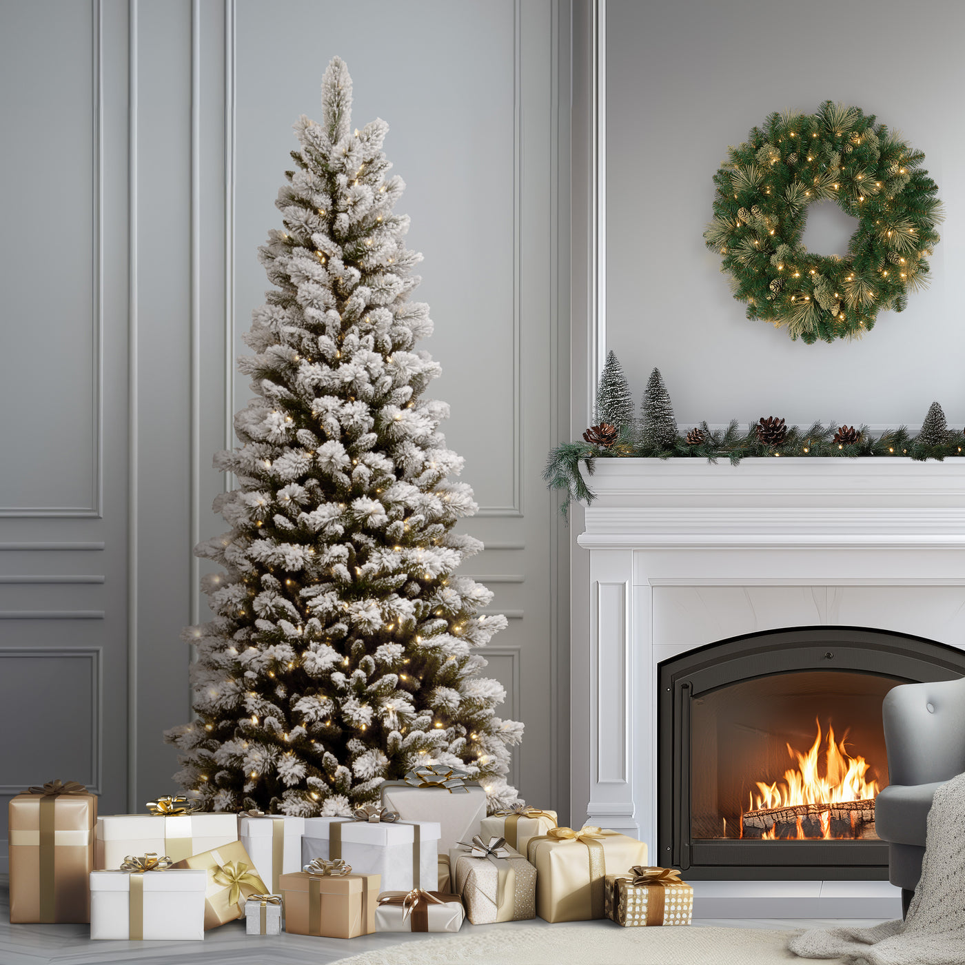 7.5 ft. Pre-Lit Snowy Westwood Pine Slim Tree with Clear Lights - National Tree Company