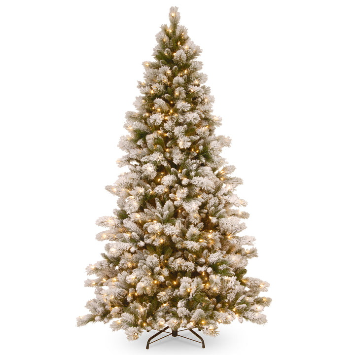 Pre-Lit Artificial Christmas Tree, Snowy Westwood Pine, Green, Decorated with Frosted Branches, White Lights, Includes Stand, 7.5 Feet