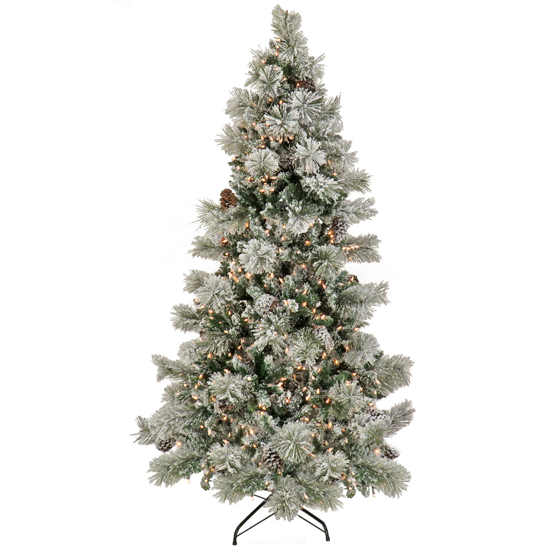 Artificial Snowy Yorkshire Hinged Christmas Tree, Pre-Lit with Clear Incandescent Lights, Plug In, 6.5 ft