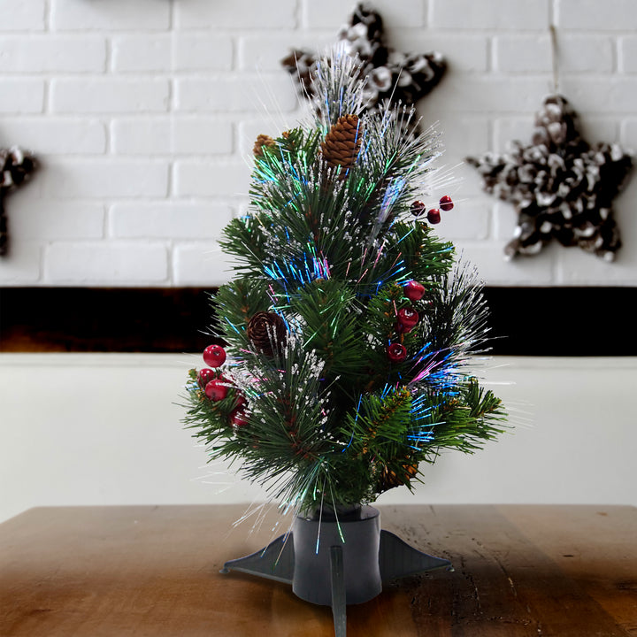 Artificial Mini Christmas Tree, Green, Crestwood Spruce, Fiber Optic, Decorated with Pine Cones, Berry Clusters, Frosted Branches, Includes Stand, 18 Inches