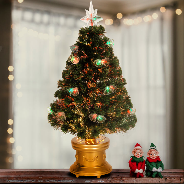 Artificial Christmas Tree, Green, Evergreen, Fiber Optic, Decorated with Bells, Includes Base, 3 Feet