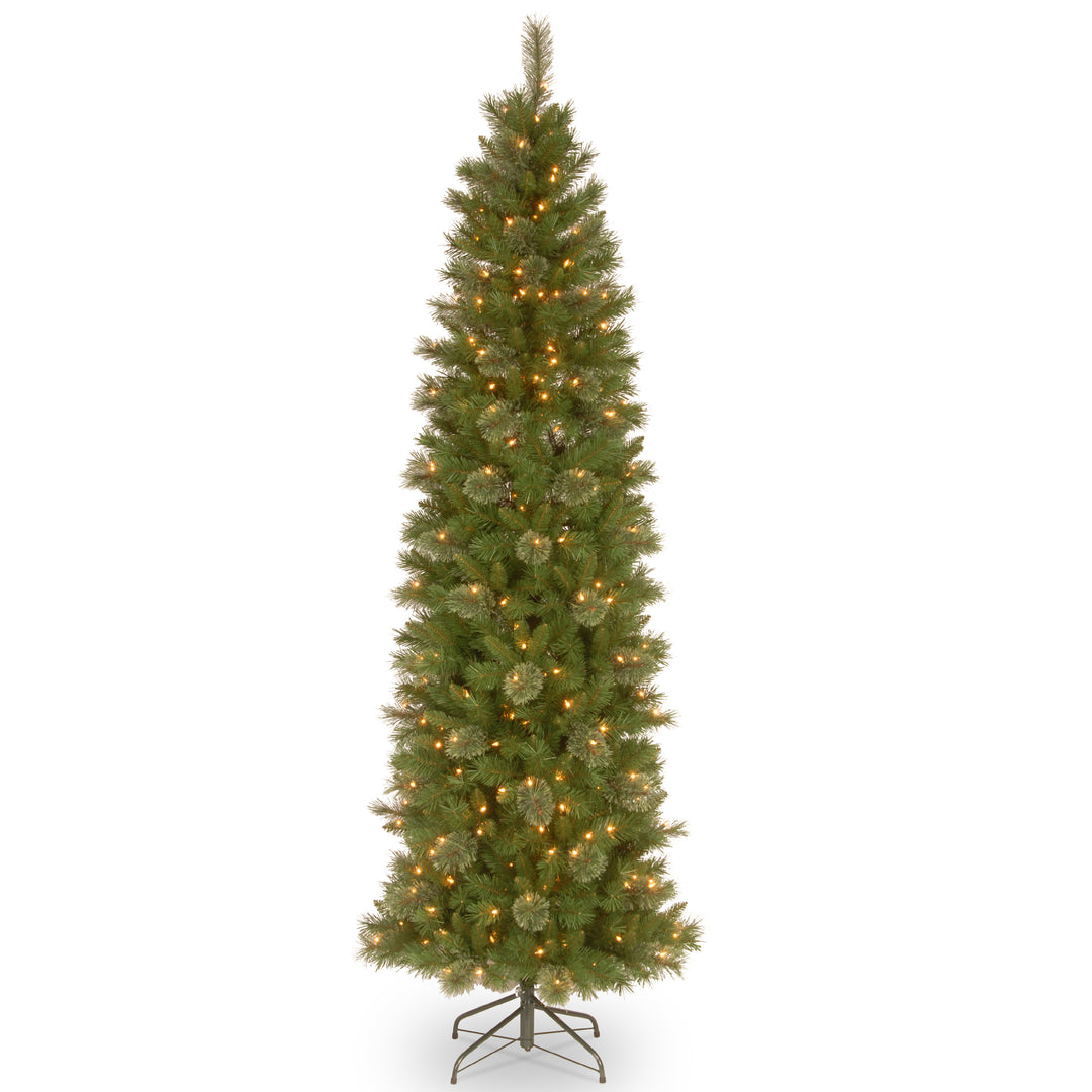 Pre-Lit Artificial Slim Christmas Tree, Tacoma Pine, Green, White Lights, Includes Stand, 7.5 Feet