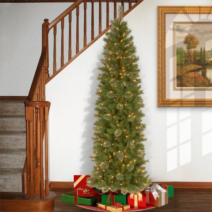 Pre-Lit Artificial Slim Christmas Tree, Tacoma Pine, Green, White Lights, Includes Stand, 9 Feet