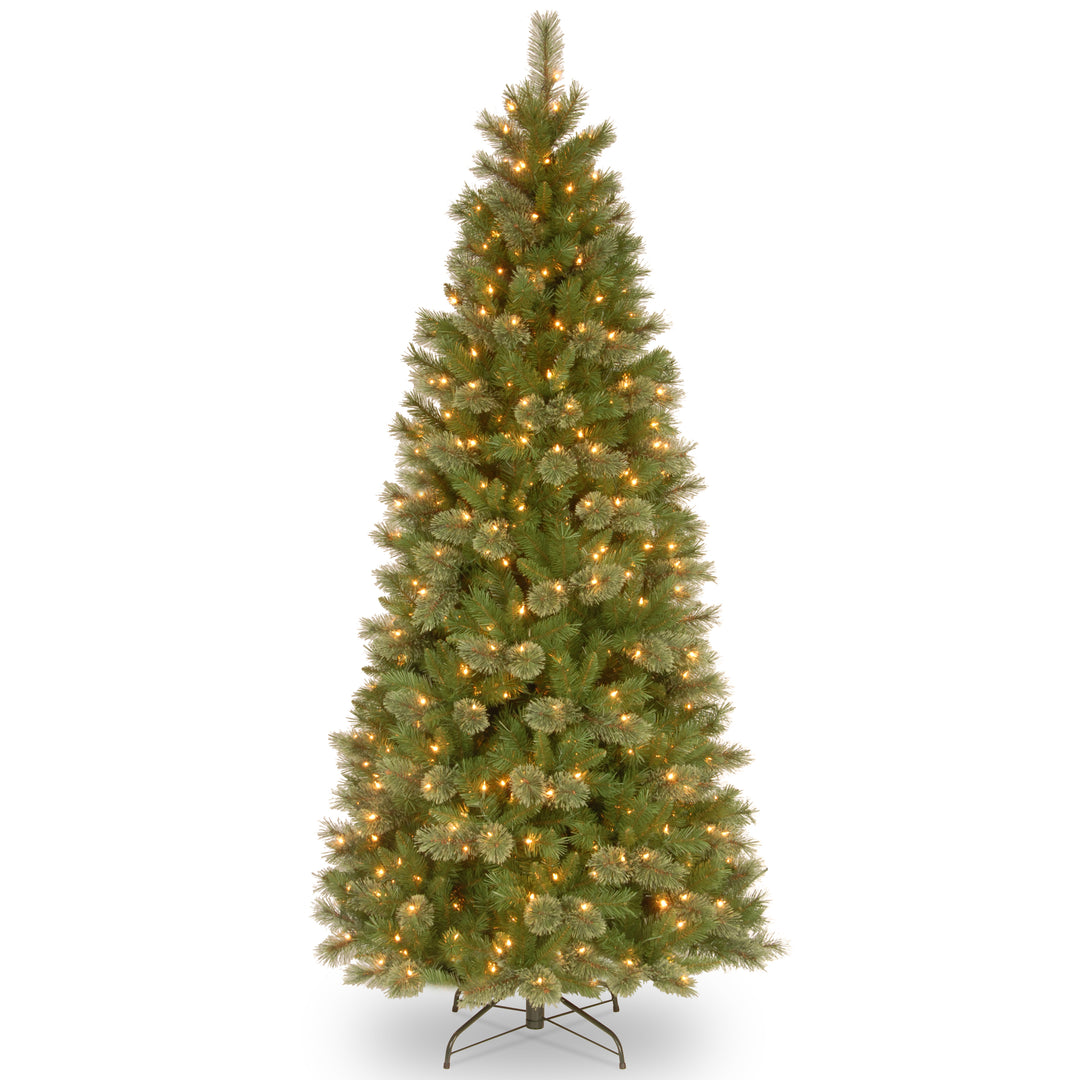 National Tree Company Pre-Lit Artificial Slim Christmas Tree, Tacoma Pine, Green, White Lights, Includes Stand, 7 Feet