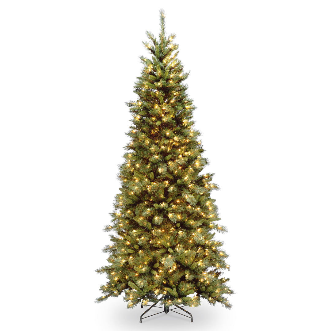 Pre-Lit Artificial Slim Christmas Tree, Green, Tiffany Fir, White Lights, Includes Stand, 6.5 Feet