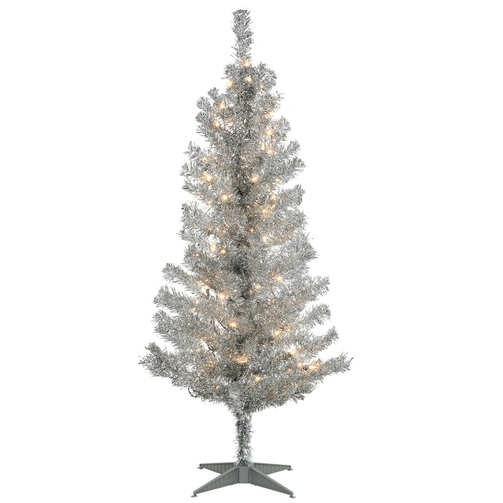 Pre-Lit Artificial Christmas Tree, Silver Tinsel, White Lights, Includes Stand, 4 feet