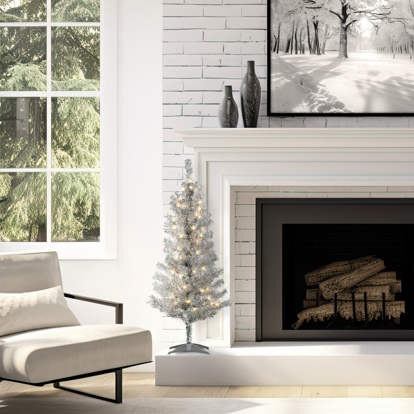 4 ft. Pre-Lit Tinsel Collection Silver Tree with Clear Lights - National Tree Company