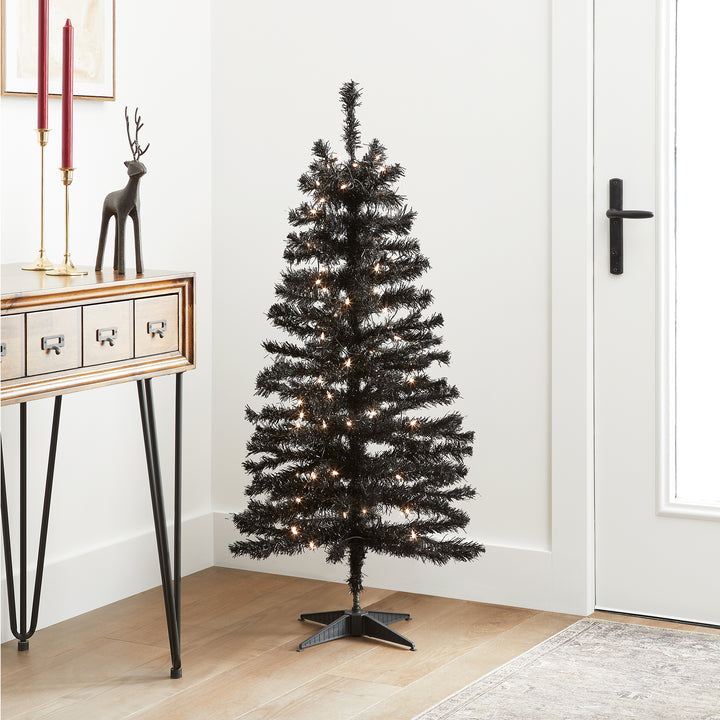 Halloween Pre-Lit Artificial Christmas Tree, Black Tinsel, White Lights, Includes Stand, 4 feet
