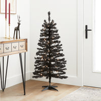 Halloween Pre-Lit Artificial Christmas Tree, Black Tinsel, White Lights, Includes Stand, 4 feet - National Tree Company