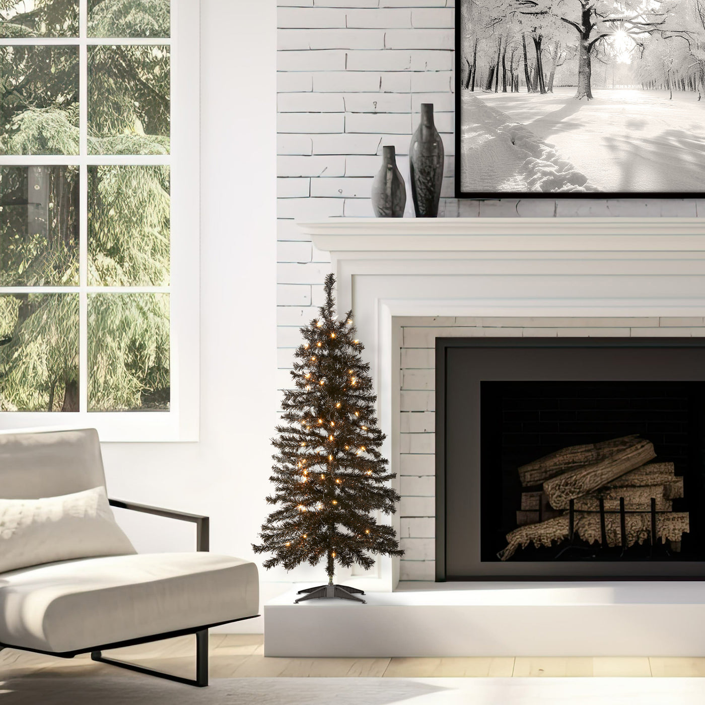 4 ft. Halloween Pre-Lit Black Tinsel Tree with White Lights - National Tree Company