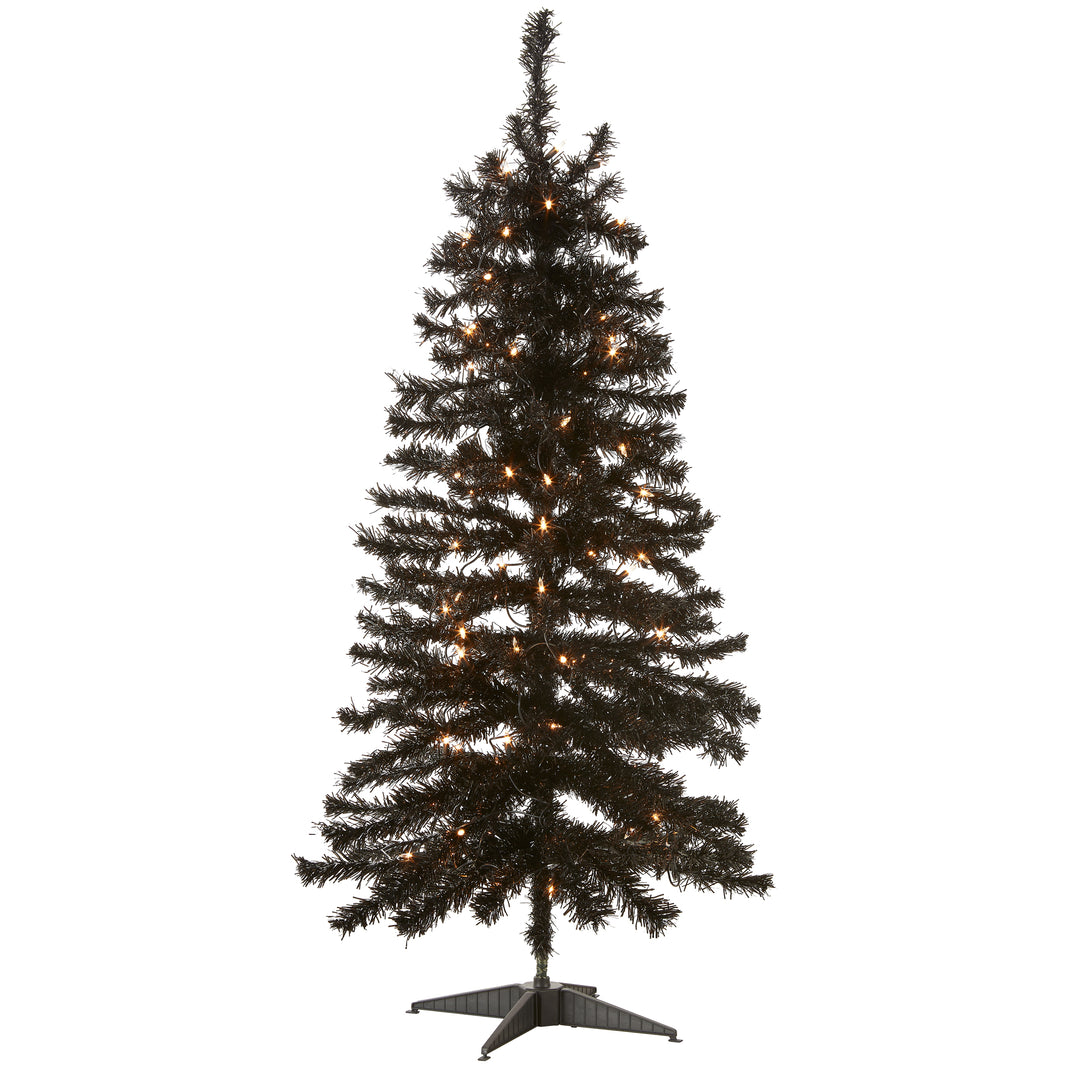 Halloween Pre-Lit Artificial Christmas Tree, Black Tinsel, White Lights, Includes Stand, 4 feet