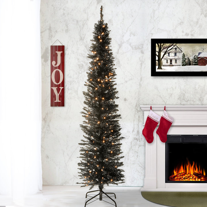Pre-Lit Artificial Christmas Tree, Black Tinsel, White Lights, Includes Stand, 6 feet