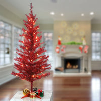 4 ft. Pre-Lit Tinsel Collection Red Tree with Clear Lights - National Tree Company