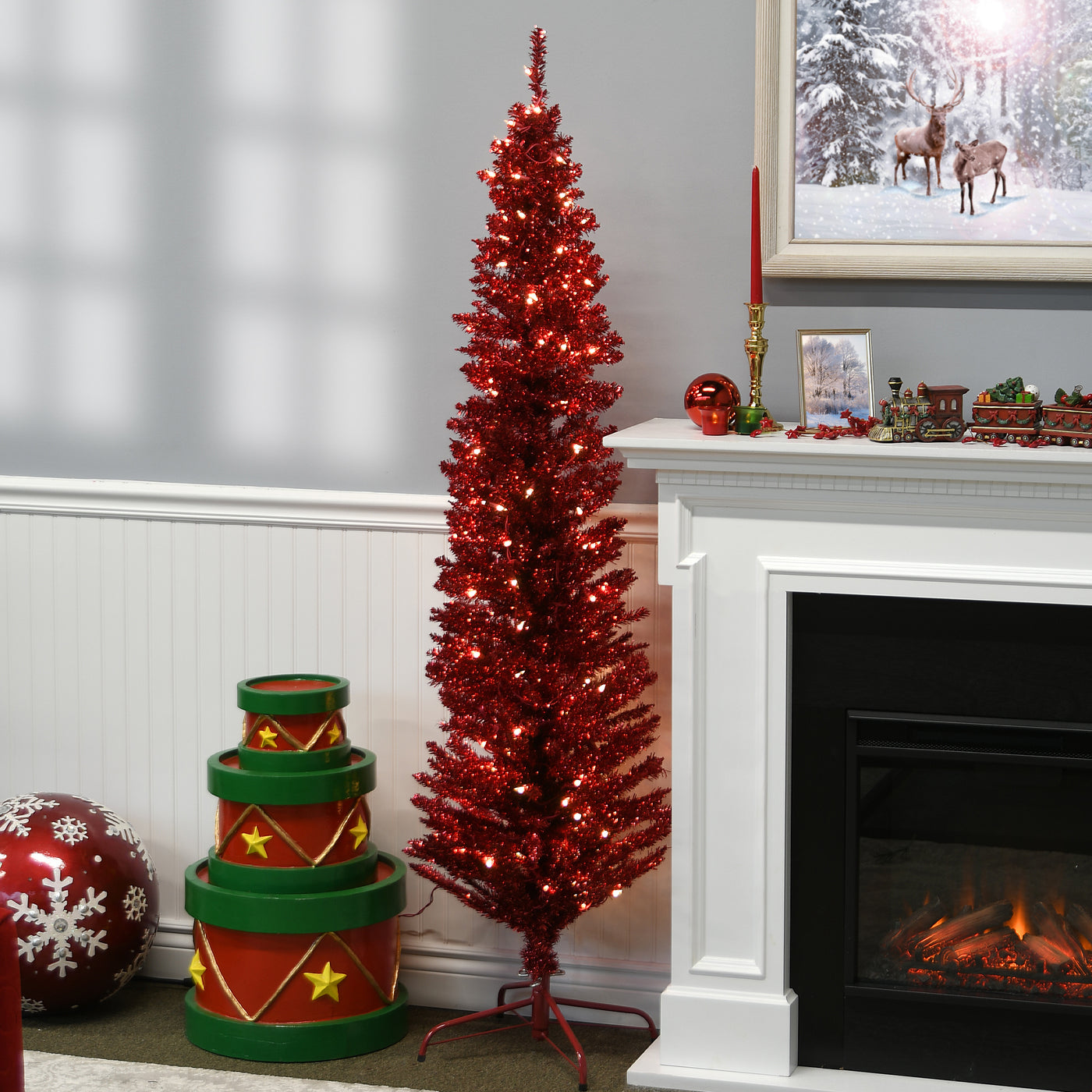 6 ft. Pre-Lit Tinsel Collection Red Tree with Clear Lights - National Tree Company