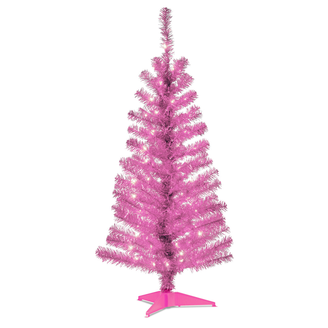 Pre-Lit Artificial Christmas Tree, Pink Tinsel, White Lights, Includes Stand, 4 feet