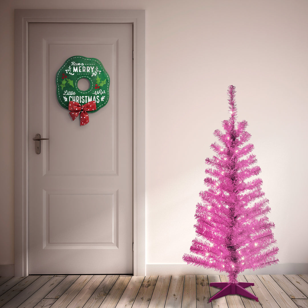 Pre-Lit Artificial Christmas Tree, Pink Tinsel, White Lights, Includes Stand, 4 feet