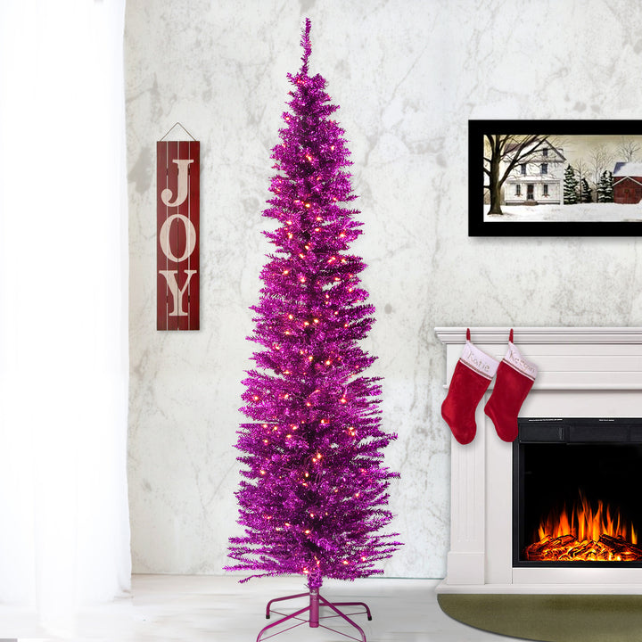 Pre-Lit Artificial Christmas Tree, Pink Tinsel, White Lights, Includes Stand, 6 feet
