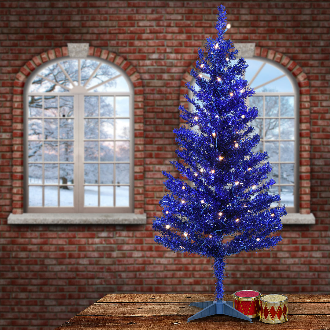 Pre-Lit Artificial Christmas Tree, Blue Tinsel, White Lights, Includes Stand, 4 feet