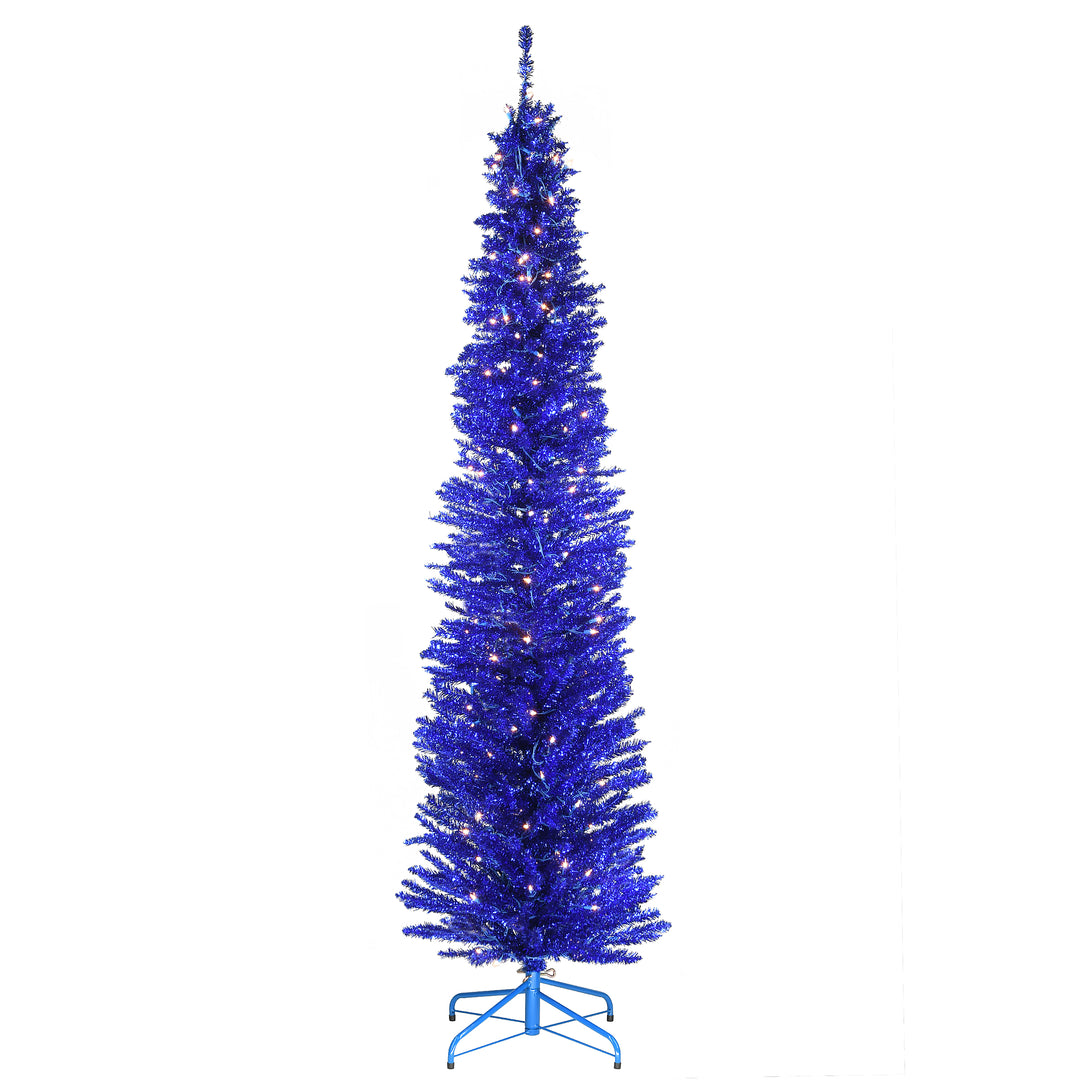 Pre-Lit Artificial Christmas Tree, Blue Tinsel, White Lights, Includes Stand, 7 feet
