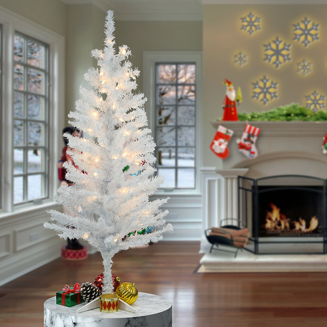Pre-Lit Artificial Christmas Tree, White Tinsel, White Lights, Includes Stand, 4 feet