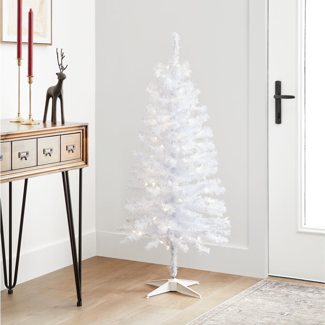 Pre-Lit Artificial Christmas Tree, White Tinsel, White Lights, Includes Stand, 4 feet