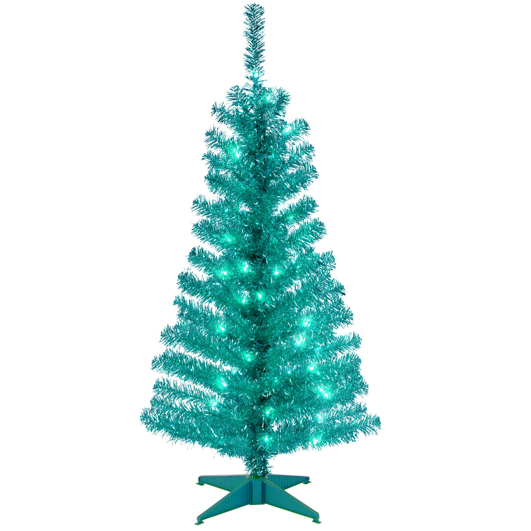 4 ft. Turquoise Tinsel Tree with Clear Lights