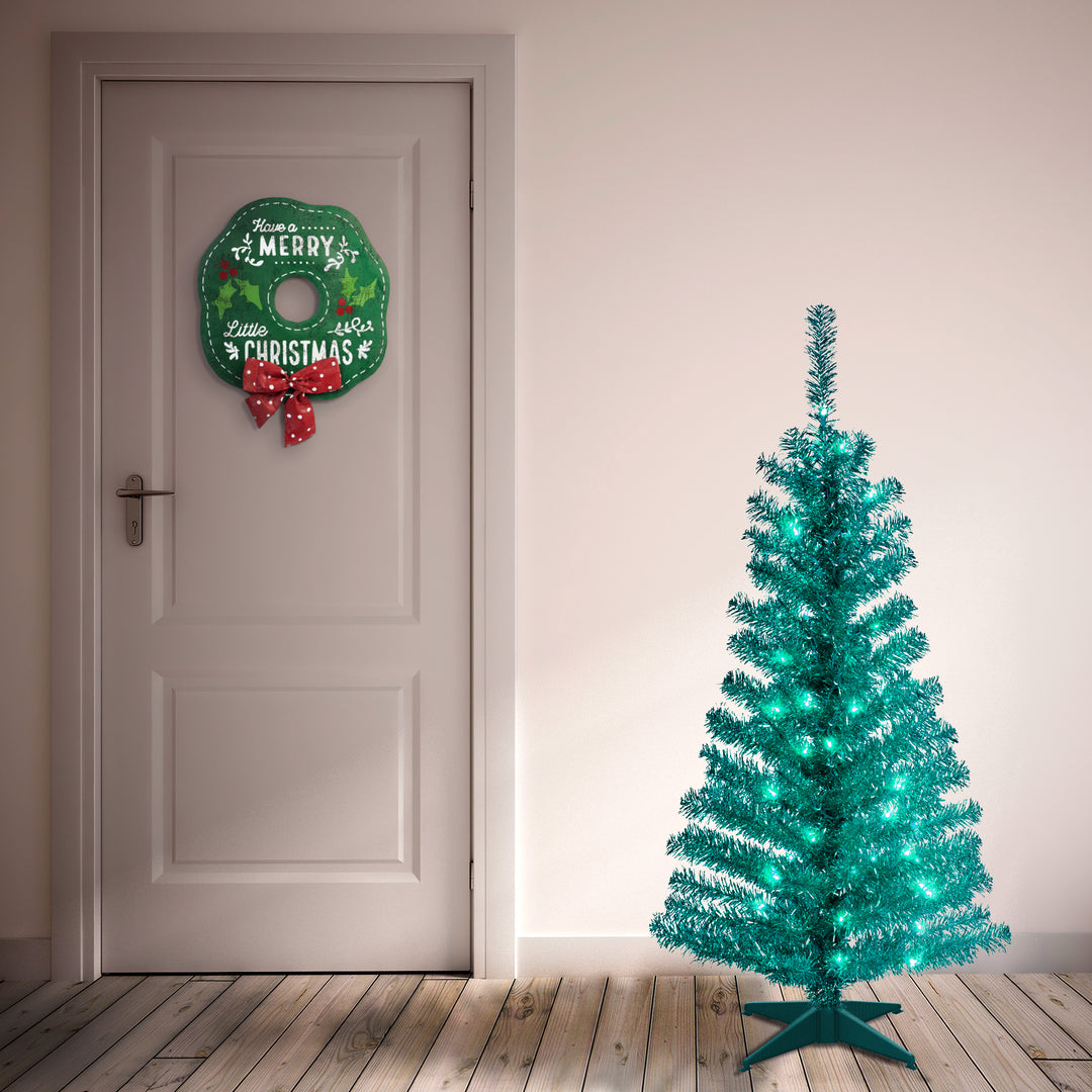 4 ft. Turquoise Tinsel Tree with Clear Lights