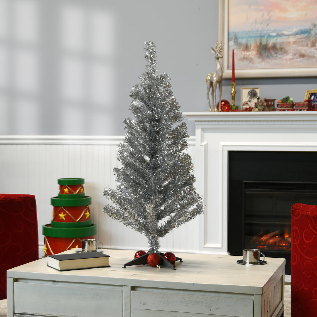 Artificial Christmas Tree, Silver Tinsel, Includes Stand, 3 feet