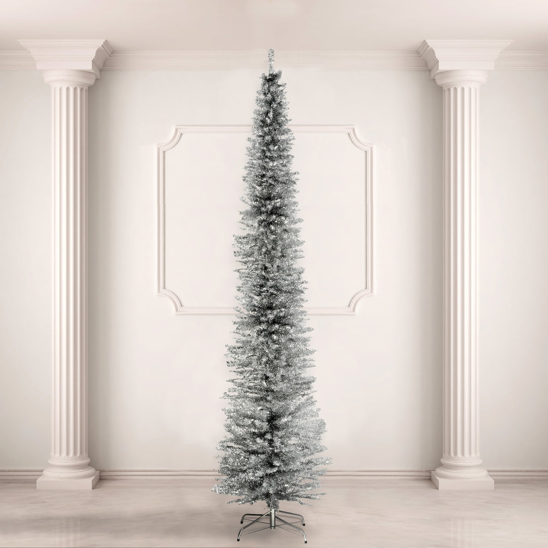 Artificial Christmas Tree, Silver Tinsel, Includes Stand, 9 feet