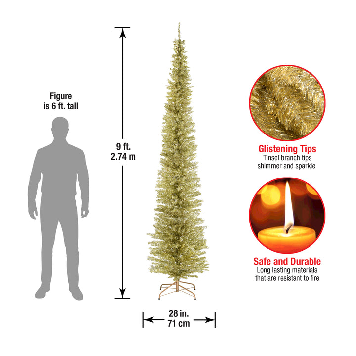 Artificial Christmas Tree, Champagne Gold Tinsel, Includes Stand, 9 feet