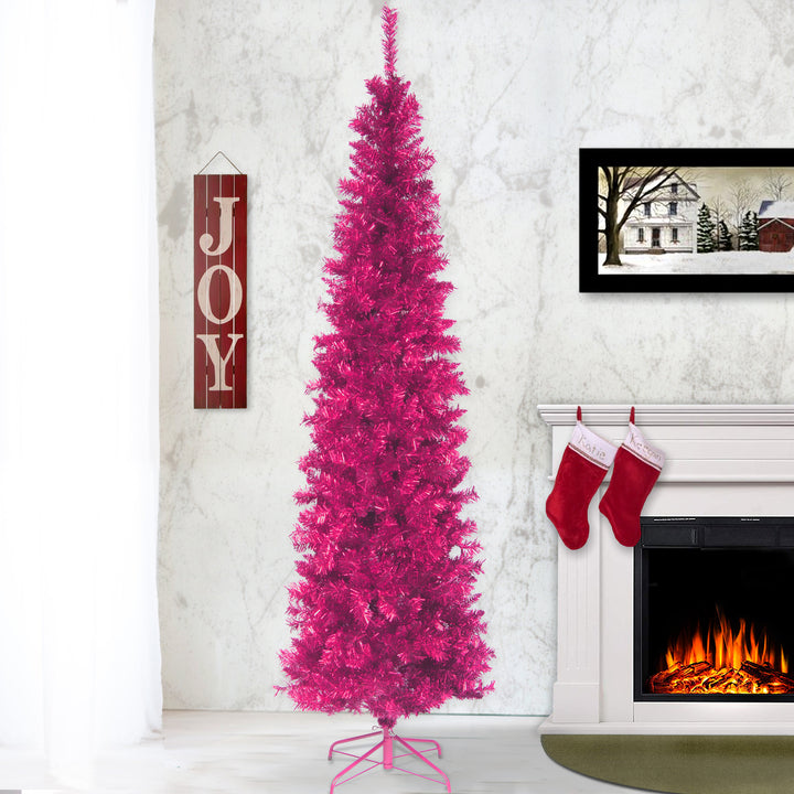 Artificial Christmas Tree, Pink Tinsel, Includes Stand, 7 feet