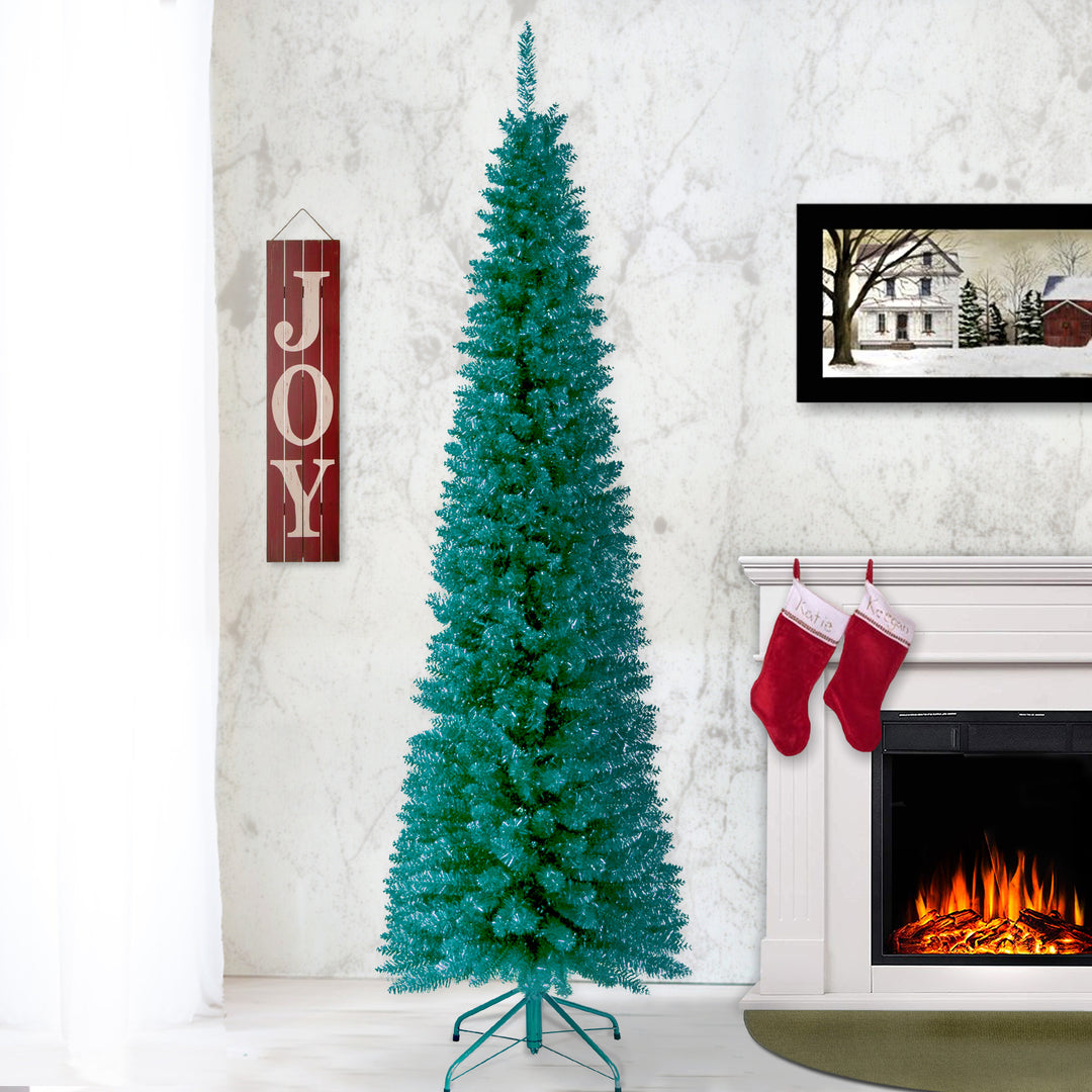 Artificial Christmas Tree, Turquoise Tinsel, Includes Stand, 6 feet