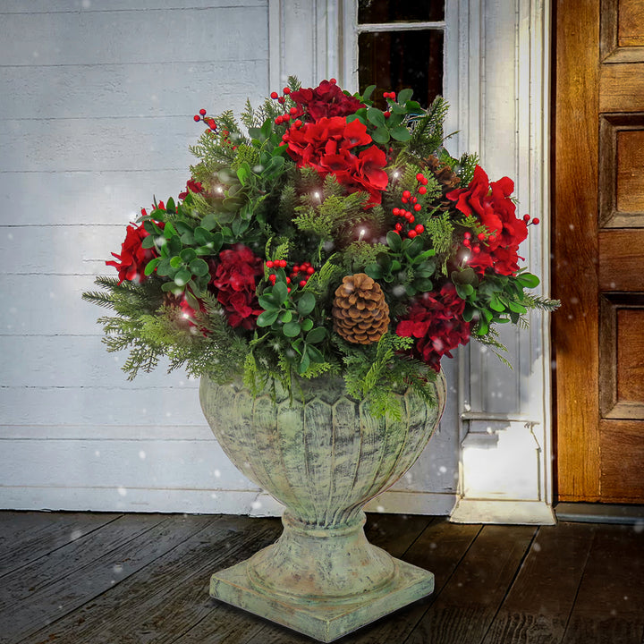 National Tree Company Pre Lit Artificial Urn Filler, Vienna Waltz, Decorated with Red Flower Blooms, Red Berry Clusters, Pine Cones, Warm White LED Lights, Battery Powered, Christmas Collection, 28 Inches