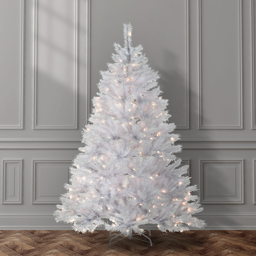 Pre-Lit Artificial Full Christmas Tree, White, Winchester Pine, White Lights, Includes Stand, 6 Feet