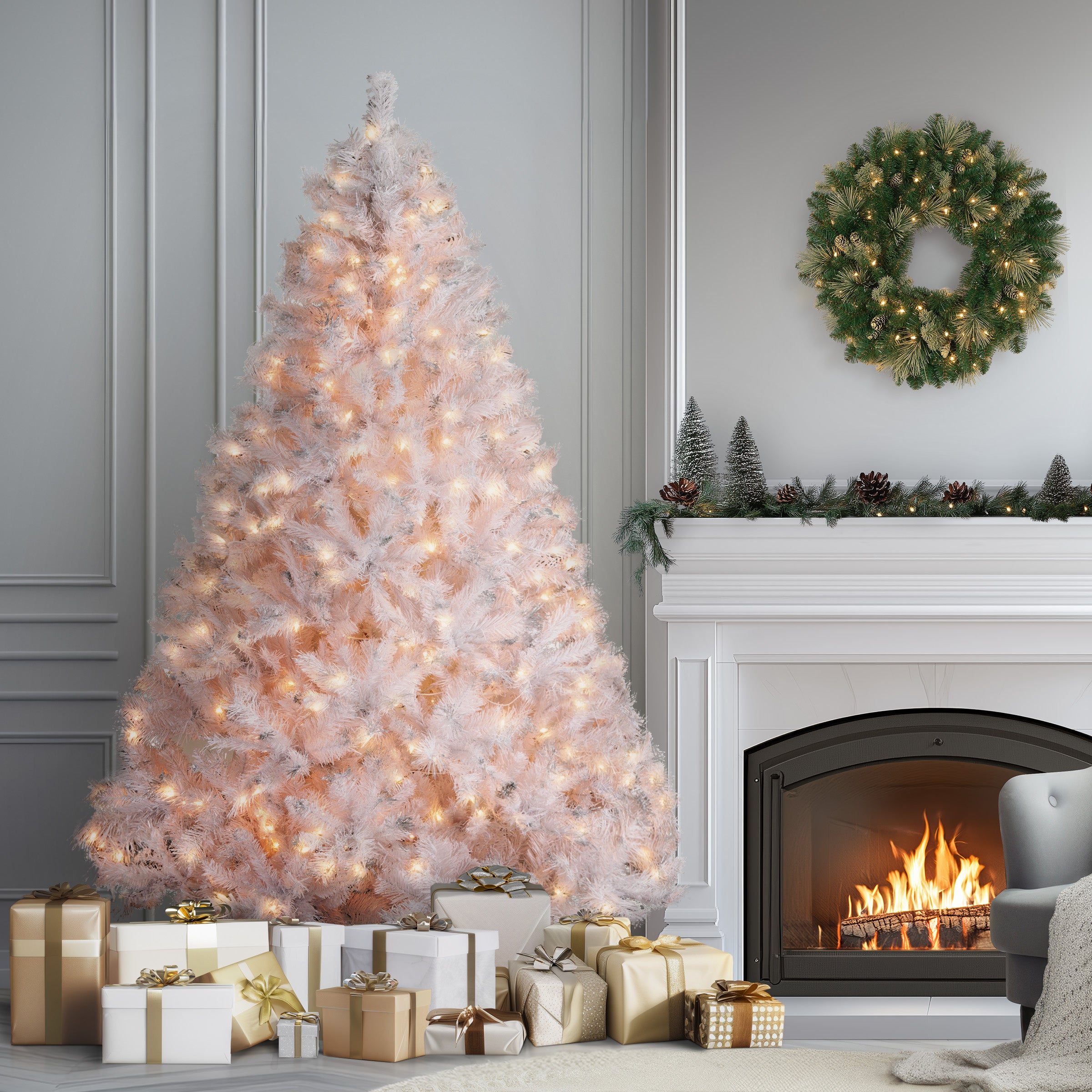 コンティの木 7 ft. Pre-Lit Winchester Pine White Tree with Clear Lights, Plug