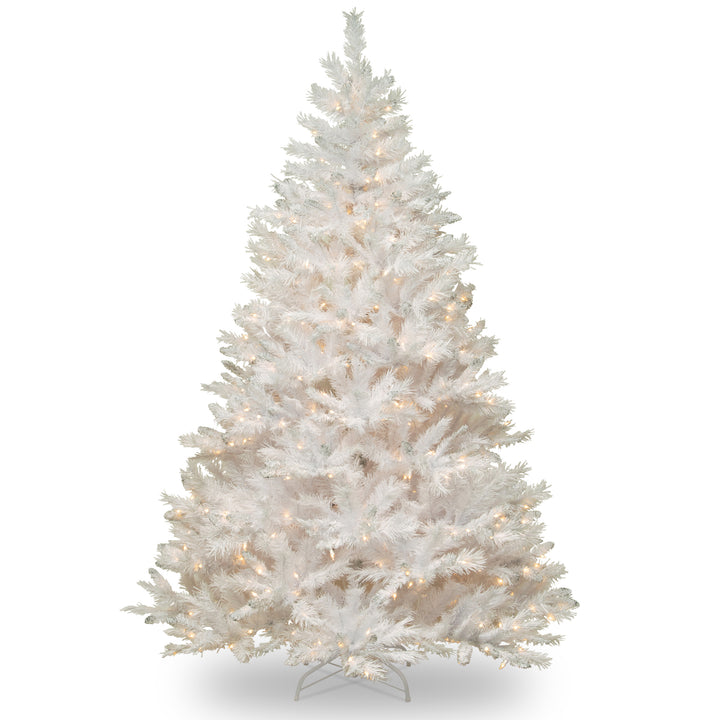 Artificial Full Christmas Tree, White, Winchester Pine, Silver Glitter, White Lights, Includes Stand, 7.5 Feet