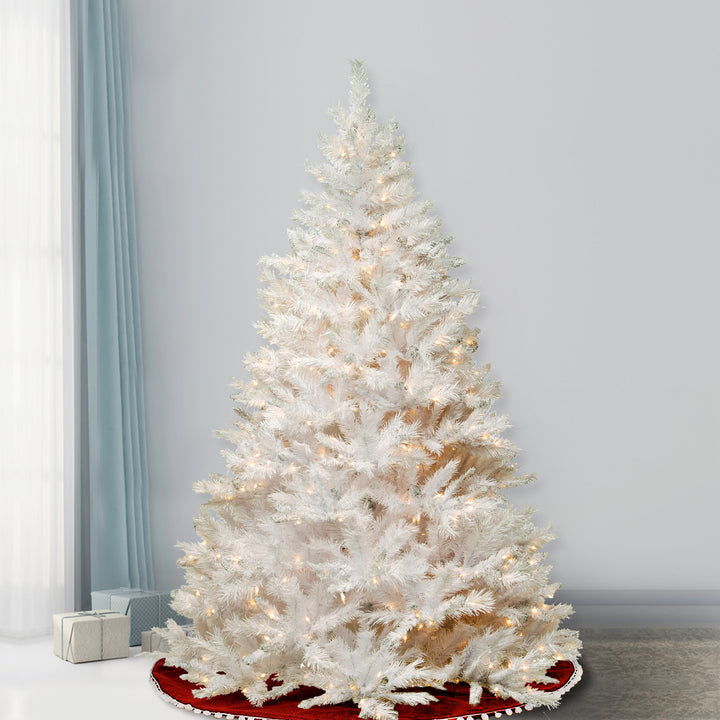 Artificial Full Christmas Tree, White, Winchester Pine, Silver Glitter, White Lights, Includes Stand, 7.5 Feet