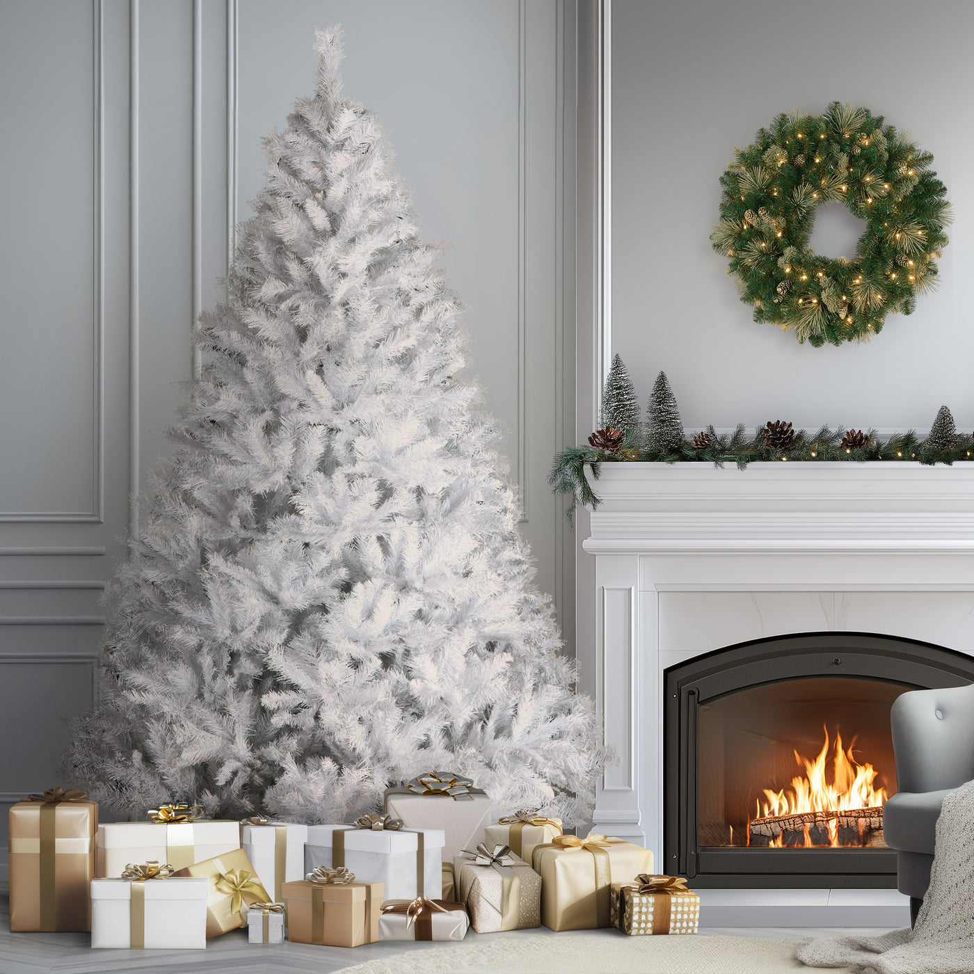 7.5 ft. Pre-Lit Winchester Pine White Tree with Clear Lights and Silver Glitter - National Tree Company