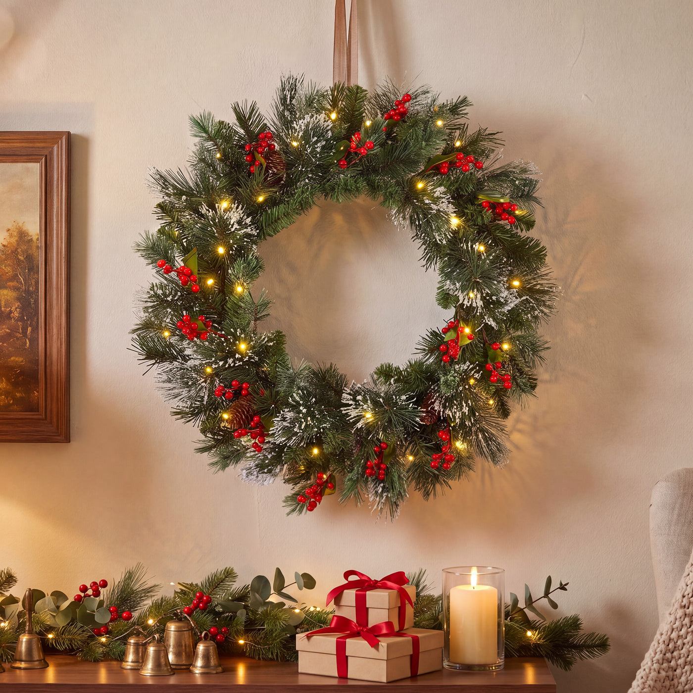 24 in. Pre-Lit Wintry Pine Wreath with Warm White LED Lights, Plug-In - National Tree Company