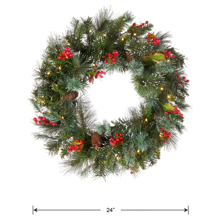 Pre-Lit Artificial Christmas Wreath, Green, Crestwood Spruce, White Lights, Decorated with Pine Cones, Berry Clusters, Frosted Branches, Christmas Collection, 24 Inches