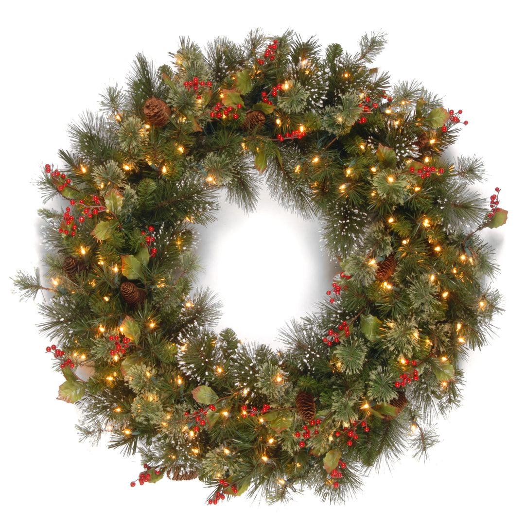 National Tree Company Pre-Lit Artificial Christmas Wreath, Green, Wintry Pine, White Lights, Decorated with Pine Cones, Berry Clusters, Frosted Branches, Christmas Collection, 36 Inches