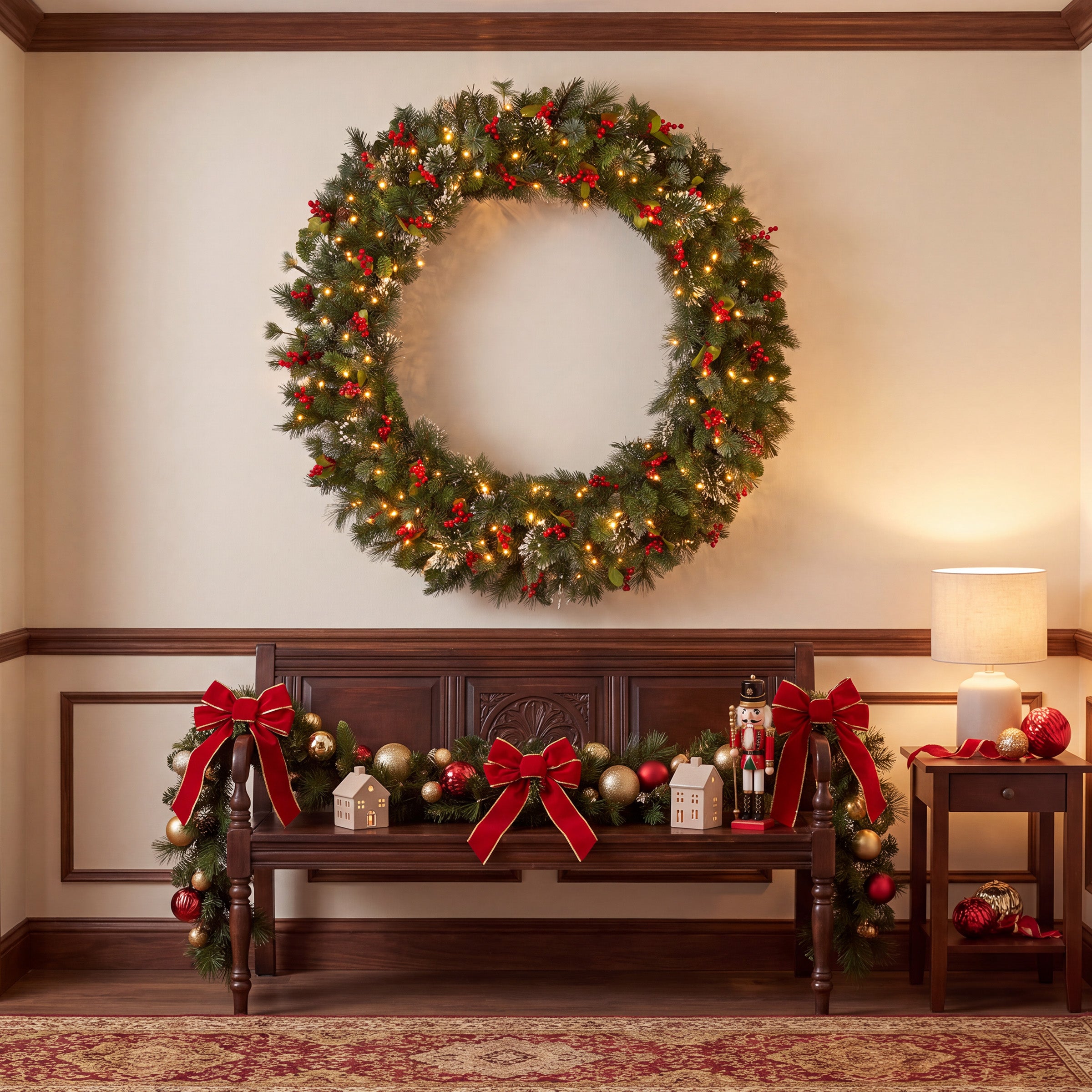 48 in. Pre-Lit Wintry Pine Wreath with Clear Lights, Plug-In