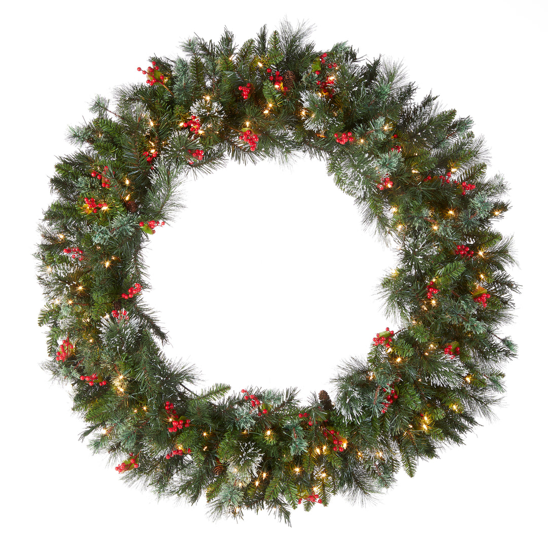 National Tree Company Pre-Lit Artificial Christmas Wreath, Green, Wintry Pine, White Lights, Decorated with Pine Cones, Berry Clusters, Frosted Branches, Christmas Collection, 48 Inches